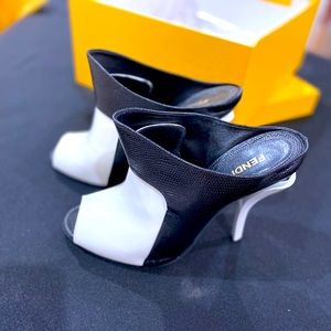 Fendi black and white heeled slides size 9.5
